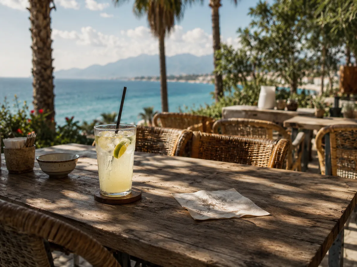 Antalya'da yazın deniz kenarında turist yoğunluklu bir kafe terası